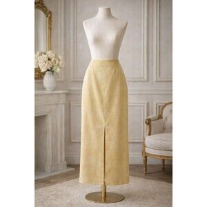 Evan Picone Faux Suede Midi Skirt Sz 4 Yellow Front Slit Old Money Vintage Lined
